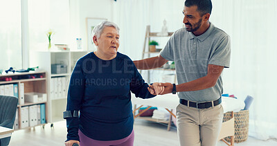 Buy stock photo Physiotherapy, crutch and man with senior woman for rehabilitation, mobility and medical service. Healthcare, recovery and chiropractor walking with patient for help, wellness and physical therapy