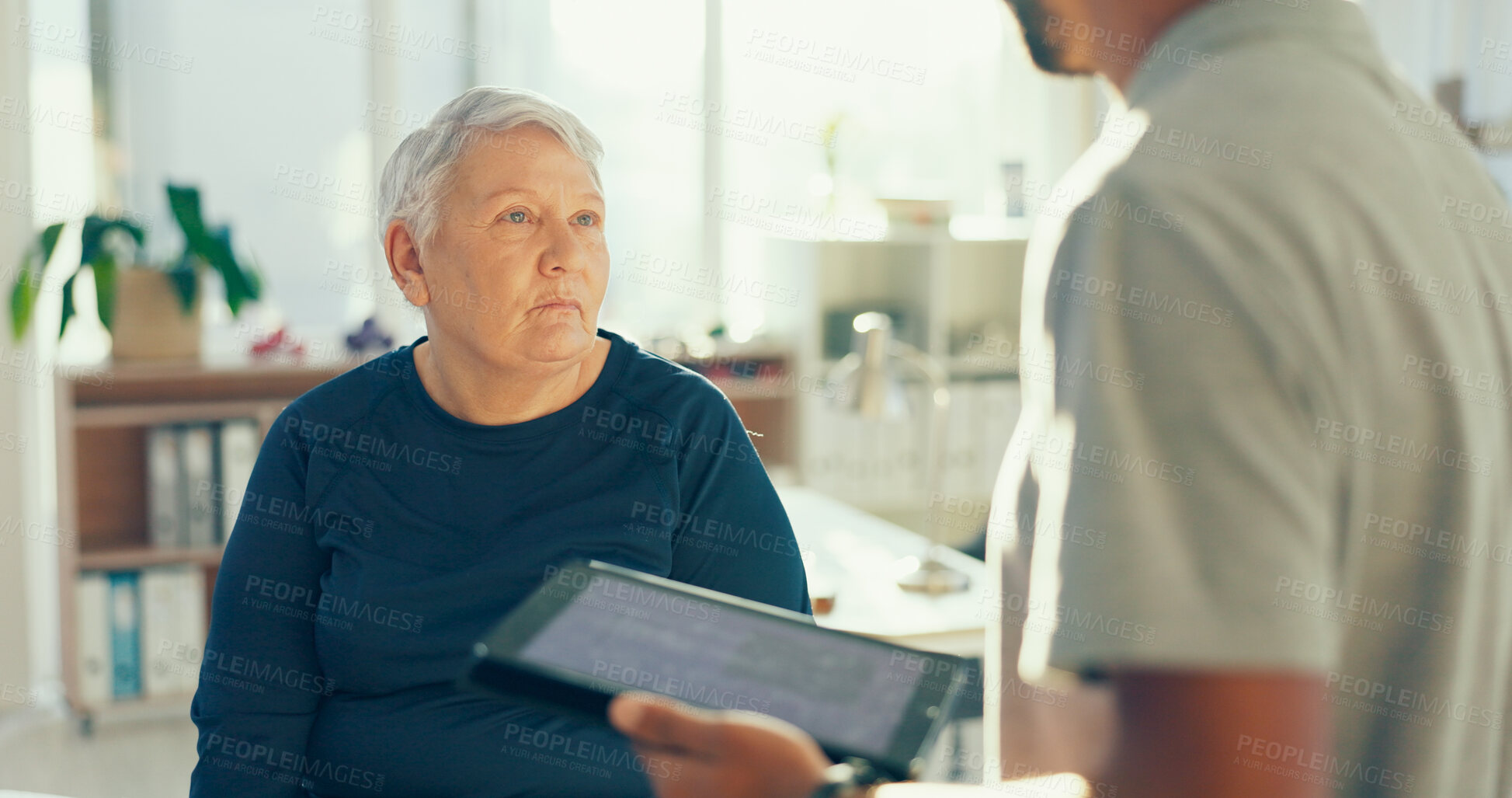 Buy stock photo Physiotherapy, tablet and man with mature woman for medical care, consulting and wellness. Healthcare, chiropractor and patient on digital tech for physical therapy, rehabilitation and online report