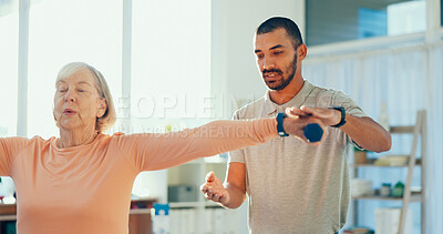 Buy stock photo Weights, physiotherapy and man with senior woman for mobility, medical service and consulting. Healthcare, chiropractor and person with mature patient for rehabilitation, recovery and stretching