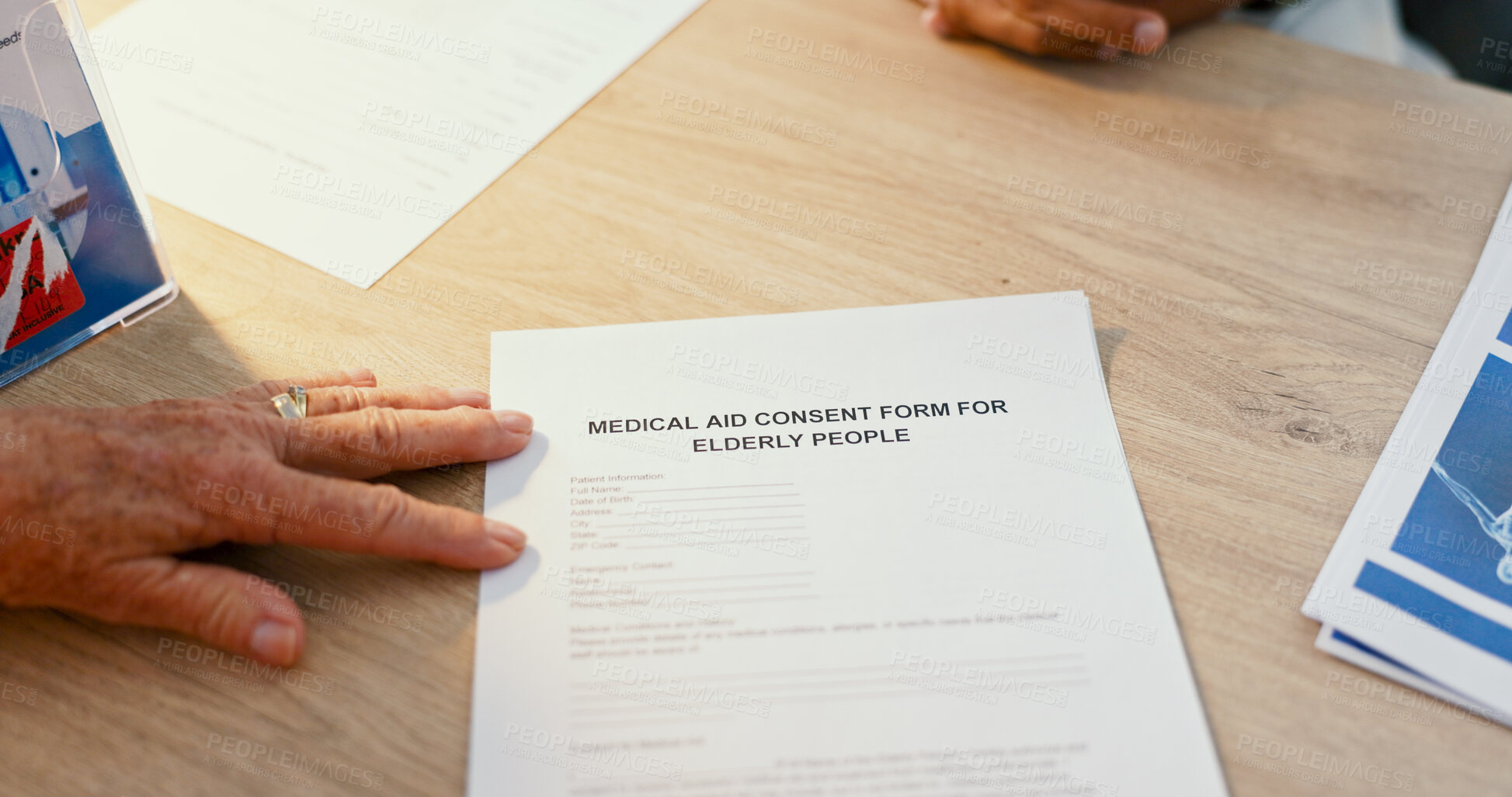 Buy stock photo Medical aid, paperwork and hands of senior person with application form for insurance or healthcare. Hospital, clinic and documents with information for surgery, consulting and contract for signature