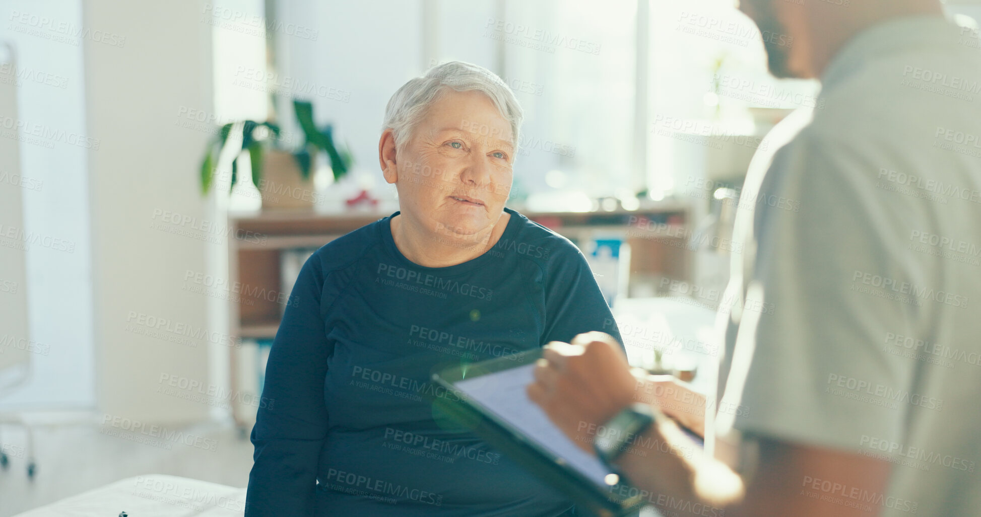 Buy stock photo Physiotherapy, tablet and man with mature patient for medical care, consulting and wellness. Healthcare, chiropractor and woman on digital tech for physical therapy, rehabilitation and online report