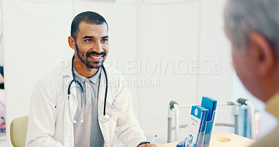 Buy stock photo Doctor, consultation and senior man with healthcare, wellness and hospital care with patient. Consulting, cardiology and medical check in clinic office with insurance talk and results with advice