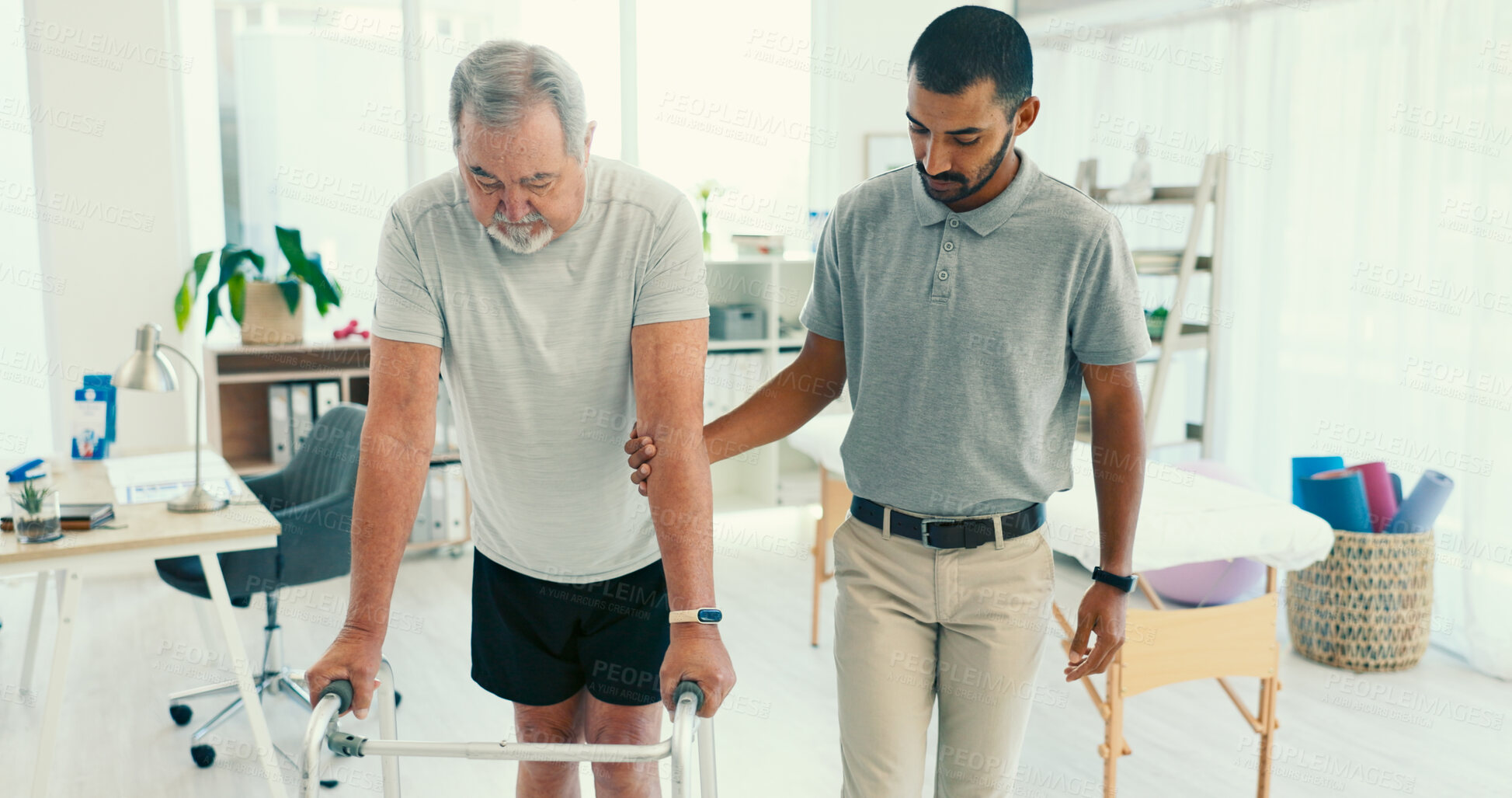 Buy stock photo Physiotherapist, walking frame and help for patient for rehabilitation, mobility and medical service. Healthcare, recovery and chiropractor with senior person for help, wellness and physical therapy