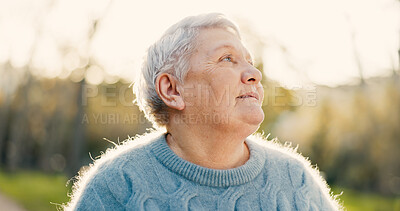 Buy stock photo Morning, thinking and elderly woman in park for wellness, health and relax with reflection, nostalgia and daydreaming. Retirement, nature and senior person outdoors for fresh air, smile and calm