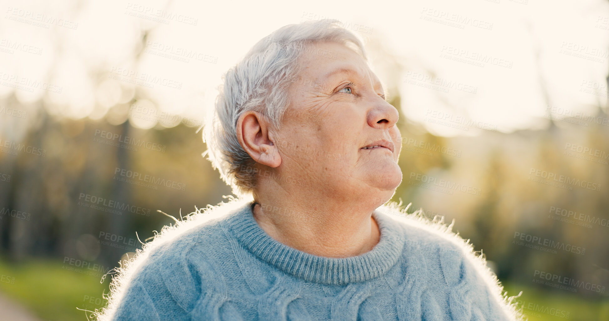 Buy stock photo Morning, thinking and elderly woman in park for wellness, health and relax with reflection, nostalgia and daydreaming. Retirement, nature and senior person outdoors for fresh air, smile and calm