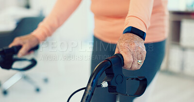 Buy stock photo Walking stick, physiotherapy and hands of mature patient for wellness, medical service and balance. Healthcare, chiropractor and frame for person with disability for rehabilitation, recovery and help