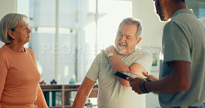 Buy stock photo Physiotherapy, tablet and man with patient for shoulder pain for medical care, consulting and wellness. Healthcare, chiropractor and couple on digital tech for physical therapy, help or online report