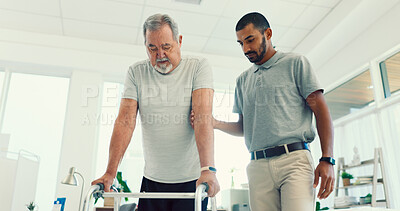 Buy stock photo Physiotherapist, walking frame and mature patient for rehabilitation, mobility and medical service. Healthcare, recovery and chiropractor with senior person for help, wellness and physical therapy