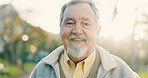 Senior, man and smile in portrait outdoor for morning walk, wellness and confidence in retirement. Elderly person, face of pensioner and happy in environment for relax, fresh air and pride in park