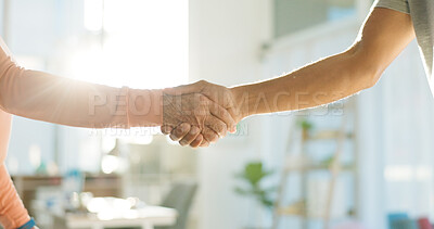 Buy stock photo Handshake, physiotherapist and patient at clinic for rehabilitation, healthcare and support. People, agreement and welcome or greeting for exercise session, help and care with trust at office