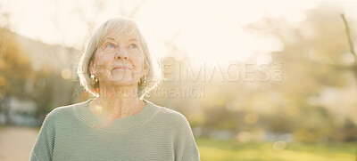 Buy stock photo Walking, thinking and senior woman in park for wellness, health and relax with reflection, nostalgia and daydreaming. Retirement, nature and mature person outdoors for fresh air, smile and calm