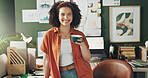 Portrait, business and woman with coffee, smile and happiness in modern office, copywriting and espresso. Face, person and creative with startup, herbal tea and cappuccino with aroma, scent or joyful