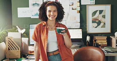 Buy stock photo Portrait, business and woman with coffee, smile and happiness in modern office, copywriting and espresso. Face, person and creative with startup, herbal tea and cappuccino with aroma, scent or joyful