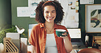 Portrait, business and woman with coffee, office and happiness with copywriting, joyful and espresso. Face, person and creative with startup, herbal tea and cappuccino with aroma, scent or cheerful