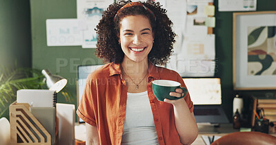 Buy stock photo Portrait, business and woman with coffee, office and happiness with copywriting, joyful and espresso. Face, person and creative with startup, herbal tea and cappuccino with aroma, scent or cheerful