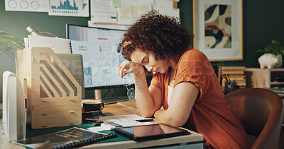 Buy stock photo Tired, stress and woman in office with deadline for creative brand image project for global client. Fatigue, burnout and female public relations officer working on difficult press release for company