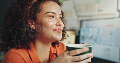 Buy stock photo Business, thinking and woman in office, coffee and contemplation with computer, solution and ideas. Person, creative agency and entrepreneur with espresso, problem solving and calm with daydreaming