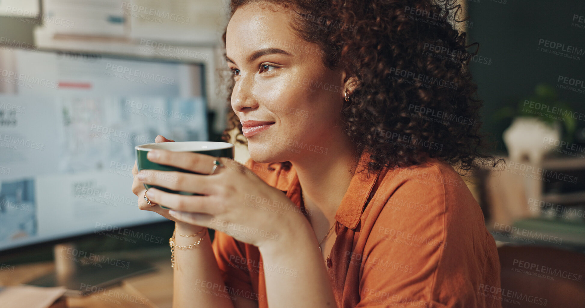 Buy stock photo Business woman, coffee and thinking in home office for research, hybrid work and positive mood. Virtual assistant, vision and cup of tea for project, pride and professional administration support