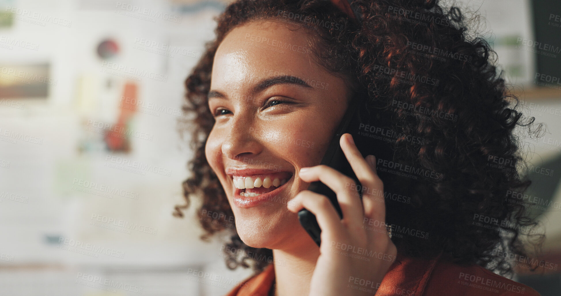 Buy stock photo Laughing, business woman and phone call in office for joke, comedy story or funny news in creative startup. Mobile communication, talking or happy editor with publication deal, negotiation or funding