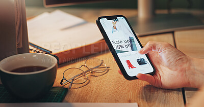 Buy stock photo Phone screen, hand and person with online shopping in home for sale, promotion or discount. Tech, subscription and closeup of cellphone with fashion ecommerce app for clothing or closet upgrade.