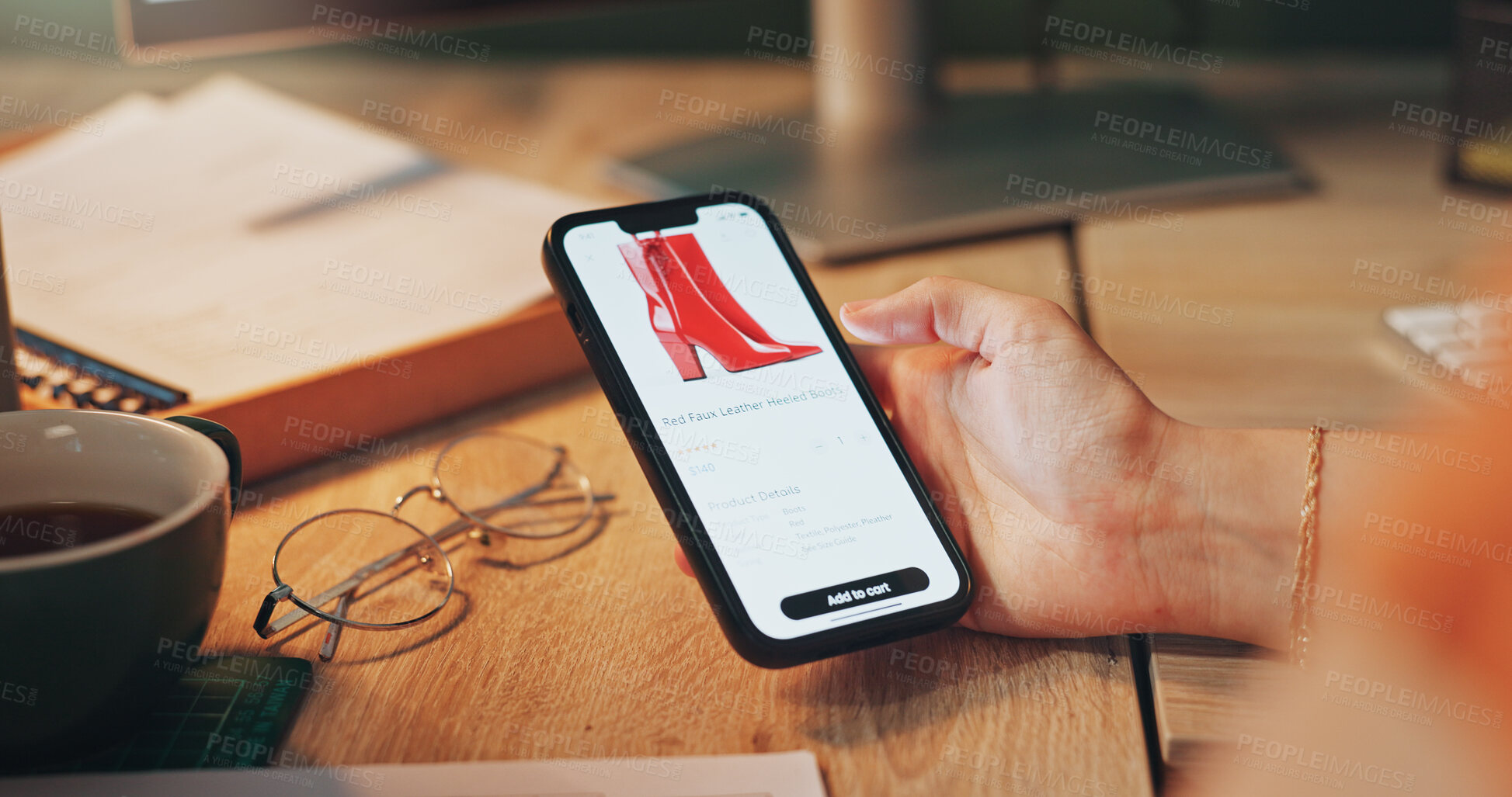 Buy stock photo Phone screen, hand and woman with online shopping in house for sale, promotion or discount. Cellphone, subscription and closeup of person with fashion ecommerce app for clothing or closet upgrade.