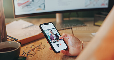 Buy stock photo Phone screen, swipe and hand of woman on dating app in home for romance, connection and social networking. Cellphone, subscription and female person with online match notification of profile.