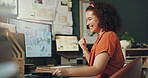 Winning, happy and woman with computer in office for creative project with home development. Smile, technology and female interior designer from Cuba work on luxury living space with online blueprint