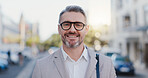 City, mature man and portrait with smile for walking, commute and travel in morning to workplace. Urban, corporate employee and male lawyer with ambition for legal advice, business or journey outdoor