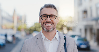 Buy stock photo City, mature man and portrait with smile for walking, commute and travel in morning to workplace. Urban, corporate employee and male lawyer with ambition for legal advice, business or journey outdoor