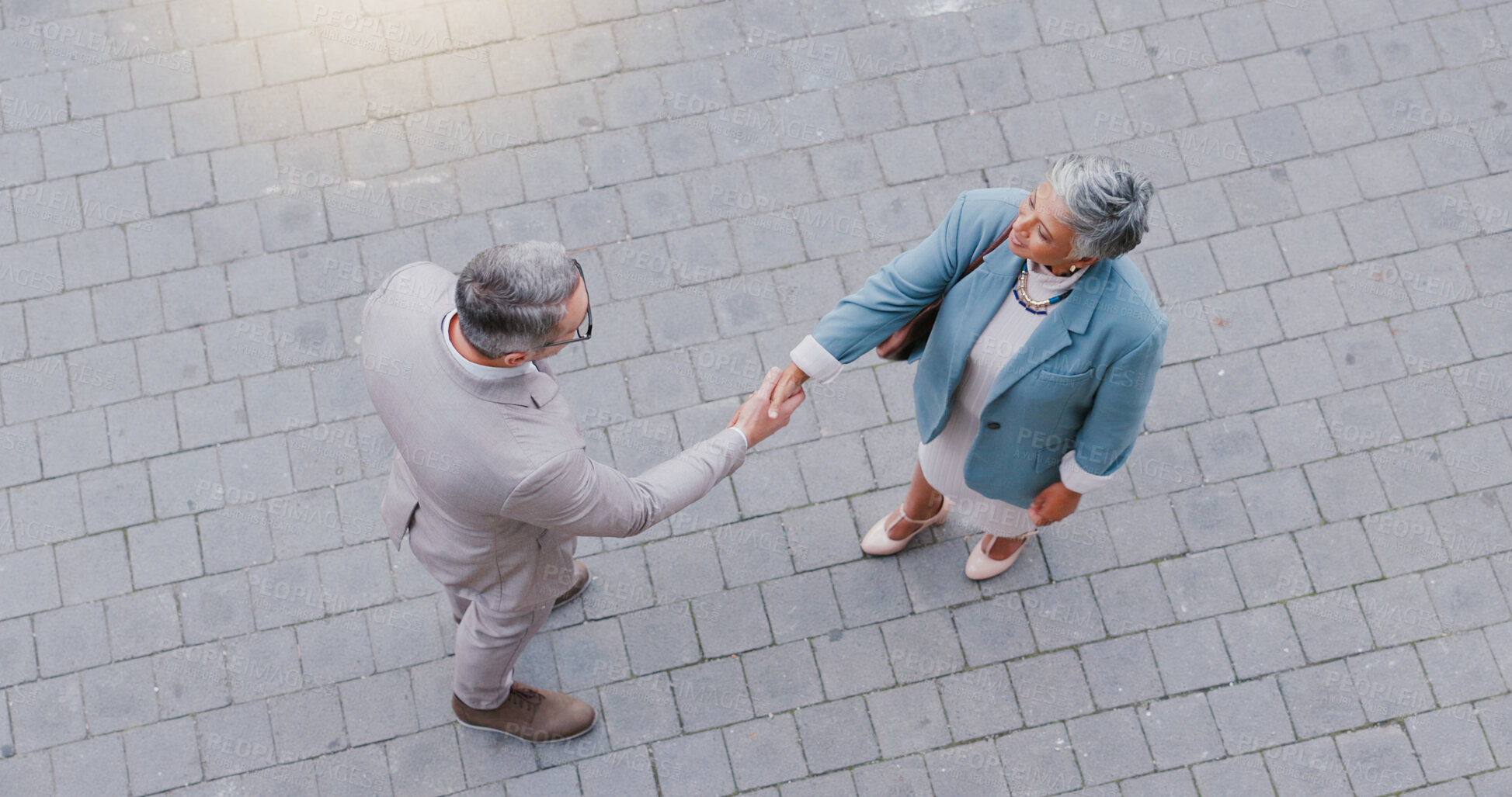 Buy stock photo City, above and business people with handshake for welcome, introduction and greeting for meeting. Outdoor, woman and man with shaking hands for hello, thank you and b2b deal for corporate project