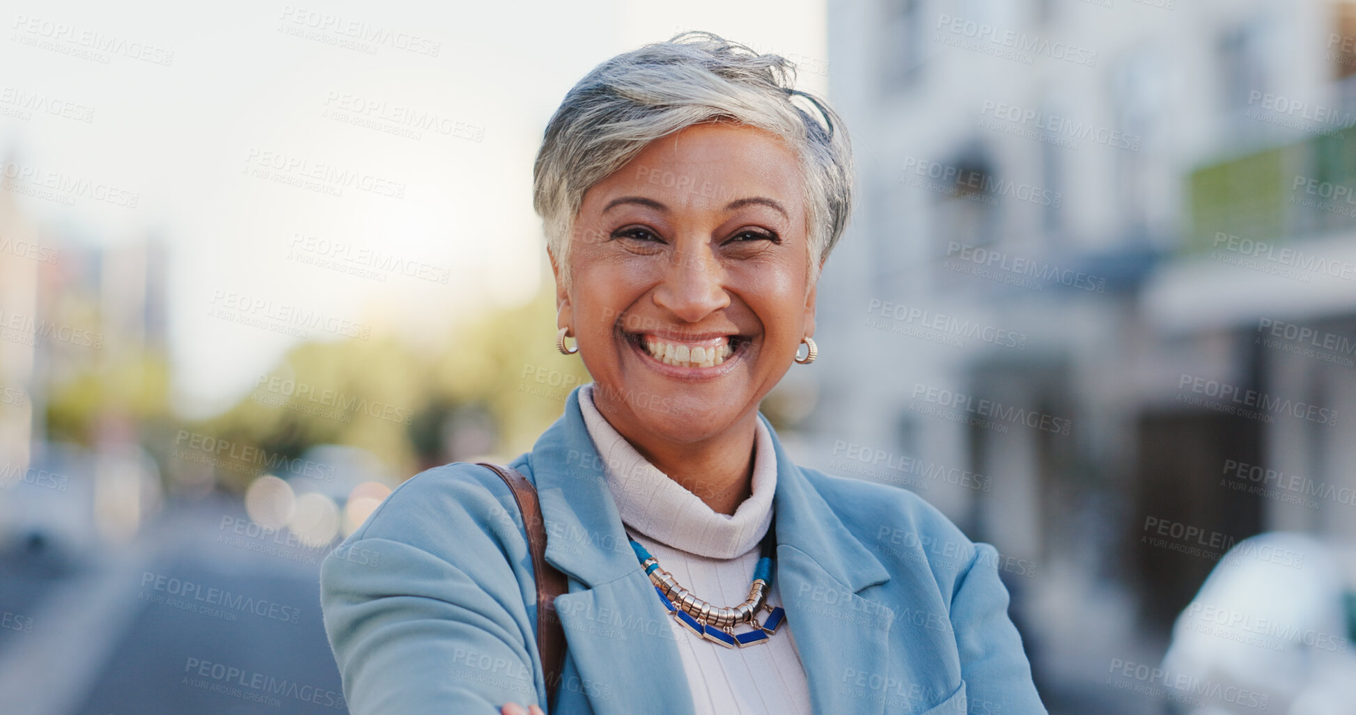 Buy stock photo City, mature woman and portrait with smile for walking, commute and travel in morning to workplace. Urban, corporate employee and lawyer with ambition for legal advice, business and journey outdoor