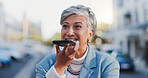 Outdoor, business woman and speaker with phone call for conversation, commute and travel in morning to office. City, corporate employee or mature lawyer with mobile for networking, think and contact