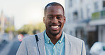 City, black man and happy in portrait for travel, commute and walking in morning to workplace. Urban, corporate employee and male lawyer with ambition for legal advice, business and journey outdoor