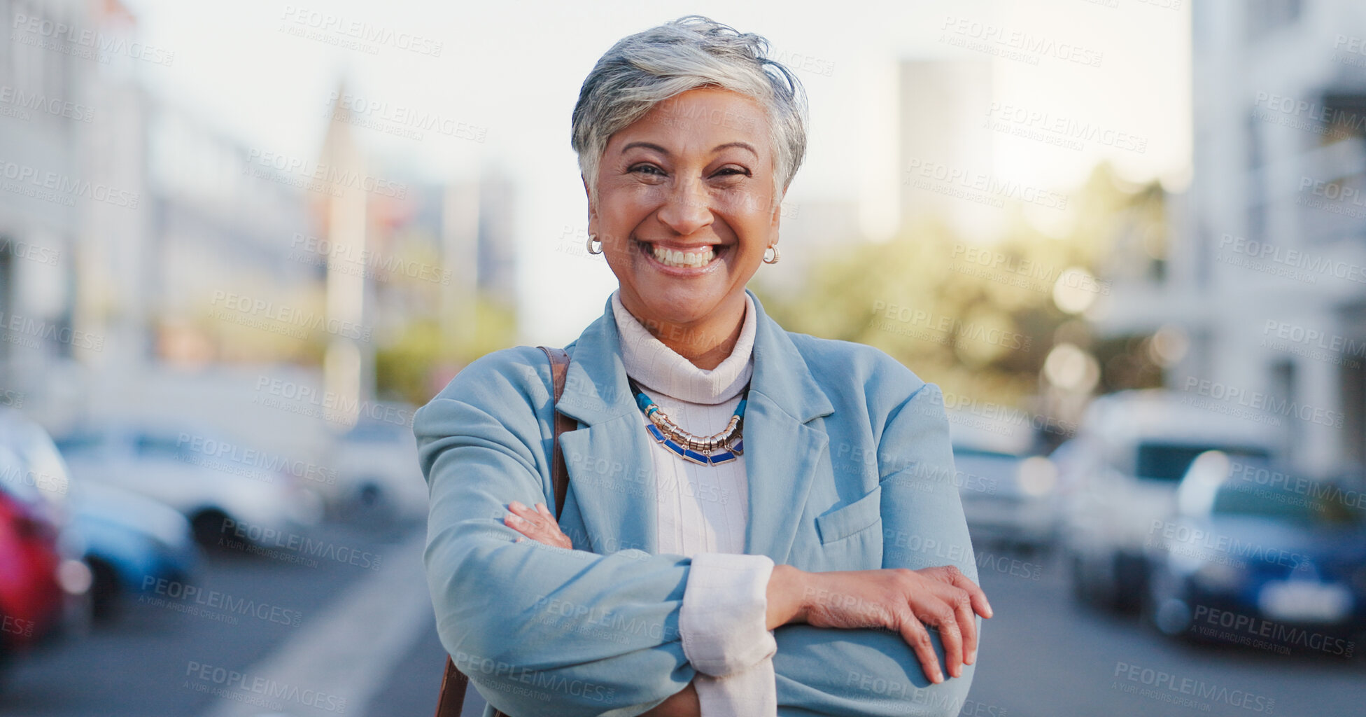 Buy stock photo City, mature woman and portrait with pride for walking, commute and travel in morning to office. Urban, corporate lawyer and smile with arms crossed for legal advice, business and journey outdoor