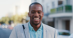 City, black man and smile in portrait for travel, commute and walking in morning to workplace. Urban, corporate employee and male lawyer with ambition for legal advice, business and journey outdoor
