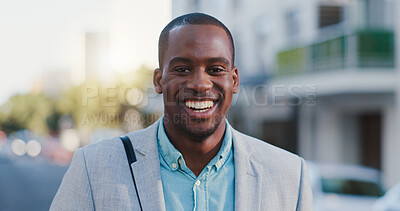 City, black man and smile in portrait for travel, commute and walking in morning to workplace. Urban, corporate employee and male lawyer with ambition for legal advice, business and journey outdoor