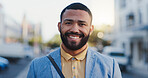 City, businessman and smile in portrait for travel, commute and walking in morning to workplace. Urban, corporate employee and sales person with ambition for profession, journey and outdoor in Canada