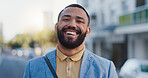 City, businessman and laugh in portrait for travel, commute and walking in morning to workplace. Urban, corporate employee and sales person with ambition for profession, journey and outdoor in Brazil