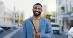 City, businessman and happy in portrait for travel, commute and walking in morning to workplace. Urban, corporate employee and sales person with ambition for profession, journey and outdoor in Brazil