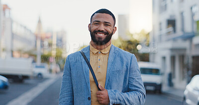 Buy stock photo City, businessman and happy in portrait for travel, commute and walking in morning to workplace. Urban, corporate employee and sales person with ambition for profession, journey and outdoor in Brazil