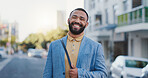 Urban, businessman and happy in portrait for travel, commute and walking in morning to workplace. City, corporate employee and sales person with ambition for profession, journey and outdoor in Brazil
