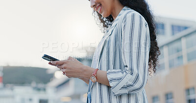 Buy stock photo Travel, phone and hands of business woman in city typing for social media, networking and communication. Outdoor, urban town and person on smartphone for online chat, internet and website in street