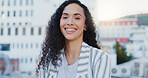 City, businesswoman and smile in portrait for travel, commute and walk in morning to workplace. Urban, corporate employee and sales person with ambition for profession, journey and outdoor in Canada