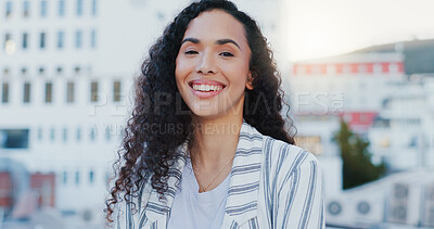 Buy stock photo City, businesswoman and smile in portrait for travel, commute and walk in morning to workplace. Urban, corporate employee and sales person with ambition for profession, journey and outdoor in Canada