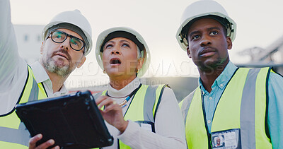 Buy stock photo Construction, teamwork and people on tablet in city for inspection, building and maintenance. Engineering, architecture and men and women on tech for urban planning, infrastructure and manufacturing