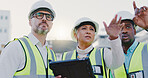 Pointing, group and people in construction with tablet, collaboration and inspection in civil engineering. Project manager, contractor and architect on site checking quality assurance with teamwork