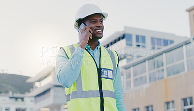 Buy stock photo Construction, phone call and black man in city for talking, building inspection and maintenance. Civil engineering, factory and person on smartphone for urban planning, infrastructure or conversation