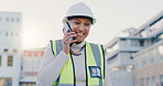 Construction, phone call and woman in city for talking, building inspection and maintenance. Civil engineering, factory and person on smartphone for urban planning, infrastructure or conversation