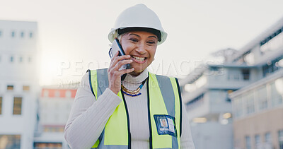 Buy stock photo Construction, phone call and woman in city for talking, building inspection and maintenance. Civil engineering, factory and person on smartphone for urban planning, infrastructure or conversation