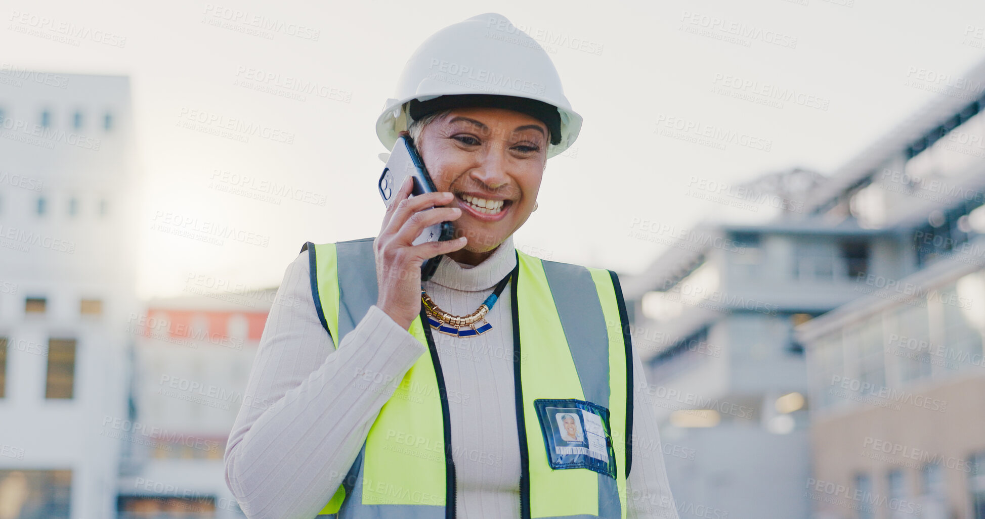 Buy stock photo Construction, phone call and woman in city for talking, building inspection and maintenance. Civil engineering, factory and person on smartphone for urban planning, infrastructure or conversation